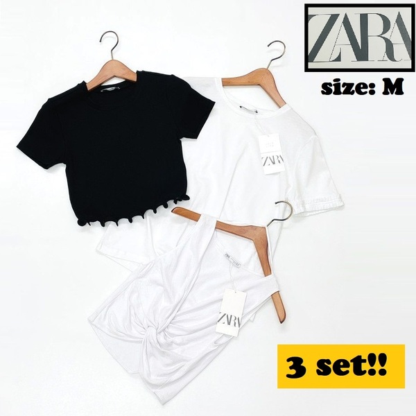 3セットまとめ売り ZARA /M/ ブラック ホワイト 半袖Tシャツ ノースリブ トップス レディース 一部タグ付き 大人可愛い生地コットン混 ザラ