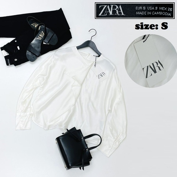 ZARA /S/ ホワイト系 サテンブラウス レディース カジュアル 長袖トップス 通勤 フェミニン 大人可愛い生地ビジネスデイリー ガーリー ザラ