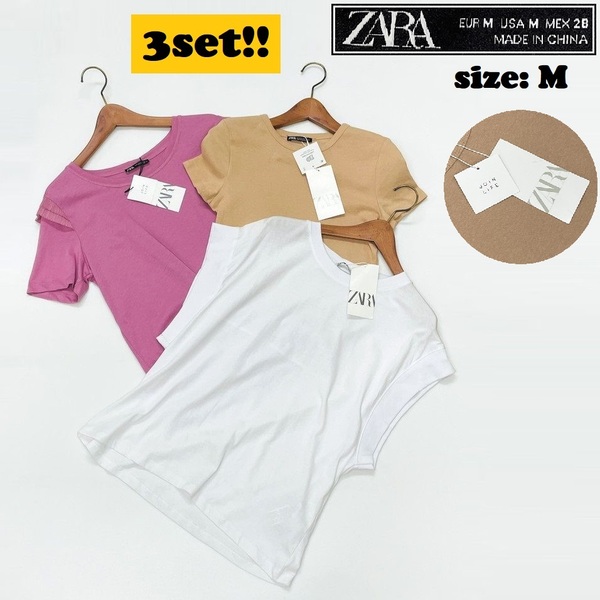 3セットまとめ売り ZARA /M/ ホワイト ベージュ系 ピンク 半袖Tシャツ ノースリーブトップス レディース 通勤 タグ付き コットン生地 ザラ