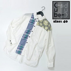 Cube-Cube【40】ホワイト 長袖シャツ 花柄チェックトップス 生地コットン混 個性的 ロングスリーブ マツオ センソユニコ キューブキューブ