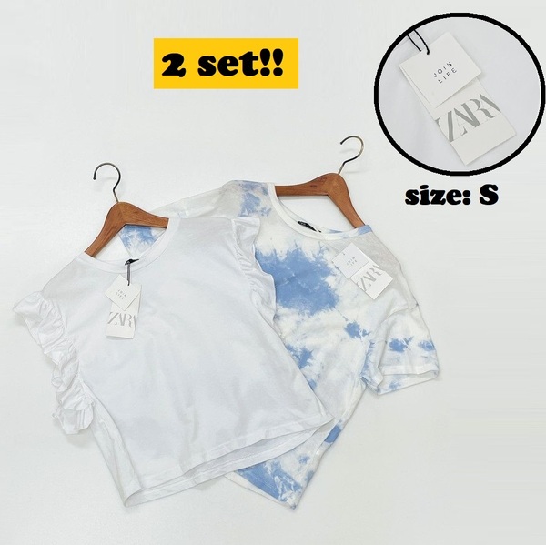 2セットまとめ売り ZARA【S】ホワイト ブルーマーブル 半袖Tシャツ ノースリーブトップスフリル タグ付きカジュアル通勤 生地コットン ザラ