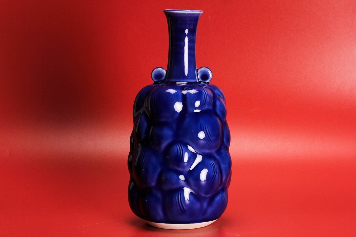 人間国宝 加藤卓男 幸兵衛窯 2000年特別創作 瑠璃釉櫛目花生 共箱