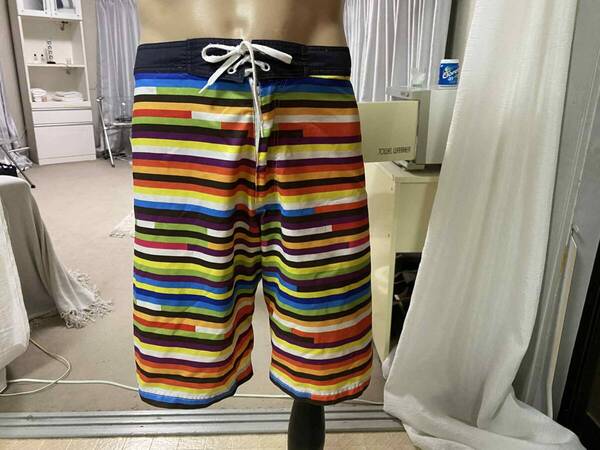 USED マルチカラー ボーダー ストライプ スイムショーツ M / ハーフパンツ ショートパンツ スイムパンツ 水着 短パン サーフパンツ サーフ