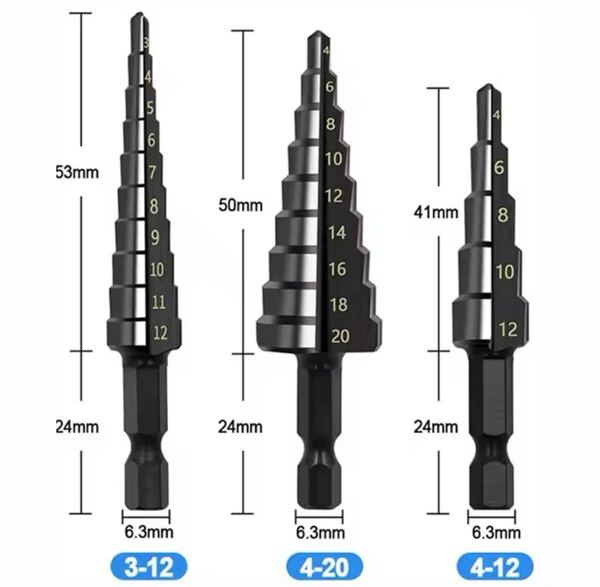 #185 ステップドリルビット 3個セット hssストレート溝 3-12mm 4-12mm 4-20mm窒化物黒六角金属