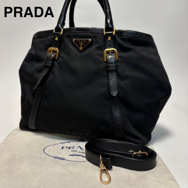 q38【極美品】プラダ PRADA 三角ロゴ ナイロン レザー ブラック 黒 2way ハンドバッグ トートバッグ ショルダーバッグ