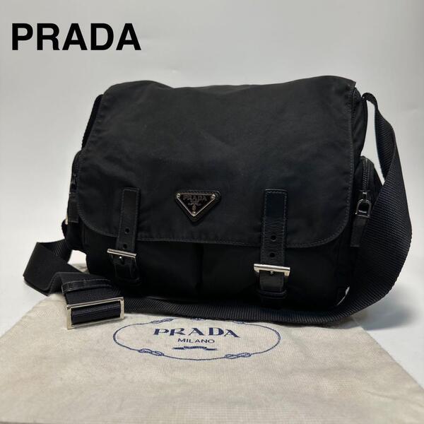 q43【美品】プラダ PRADA 三角ロゴ ナイロン レザー ブラック 黒 メッセンジャーバッグ ショルダーバッグ