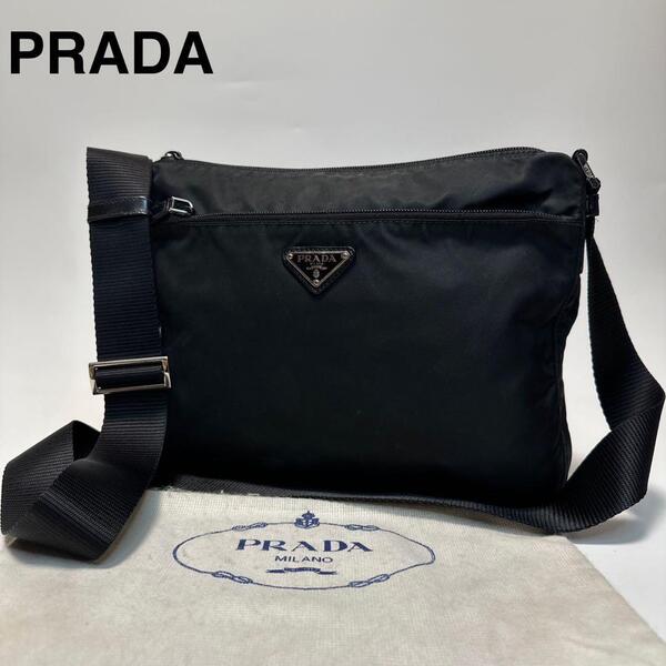 q44【美品】プラダ PRADA 三角ロゴ ナイロン レザー ブラック 黒 ショルダーバッグ メッセンジャーバッグ カメラバッグ