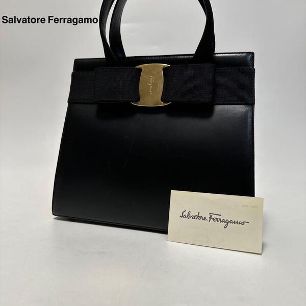q52【極美品】サルヴァトーレフェラガモ Salvatore Ferragamo ヴァラリボン ブラック 黒 レザー ハンドバッグ トートバッグ