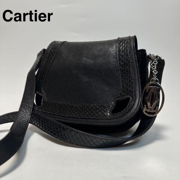 q64【極美品】カルティエ Cartier マルチェロ パイソン 黒 ブラック マスト ショルダーバッグ メッセンジャーバッグ
