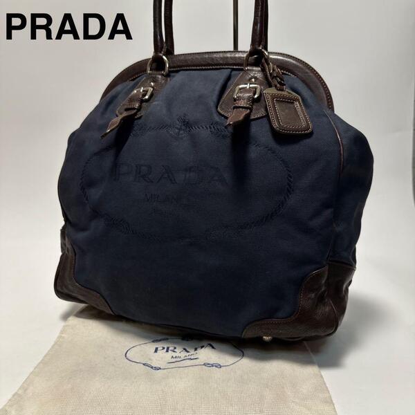 q72【美品】プラダ PRADA ロゴジャガード がま口 三角ロゴ キャンバス ハンドバッグ トートバッグ ワンショルダーバッグ A4可