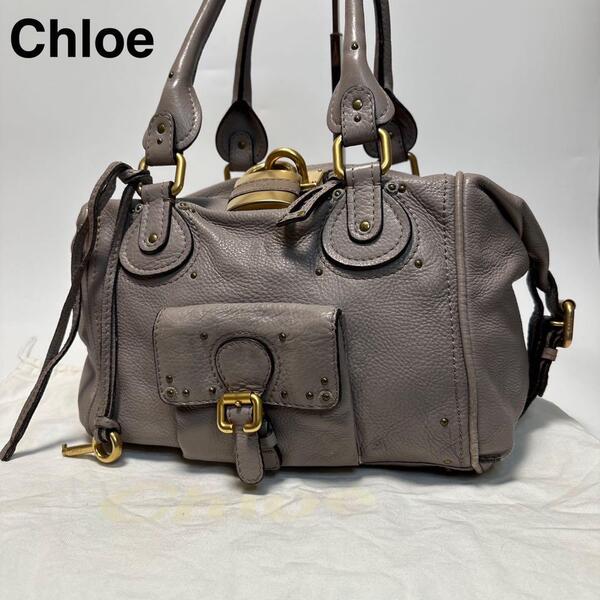 q79 保存袋付 クロエ Chloe パディントン 南京錠 鍵 レザー グレー ハンドバッグ ワンショルダーバッグ ボストンバッグ トート