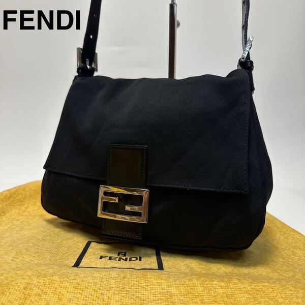 q93【極美品】フェンディ FENDI コットン ブラック 黒 マンマバケット ショルダーバッグ ワンショルダー ハンドバッグ