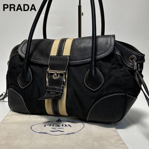 r01【極美品】プラダ PRADA 三角ロゴ ナイロン レザー ブラック 黒 ハンドバッグ トートバッグ ワンショルダーバッグ