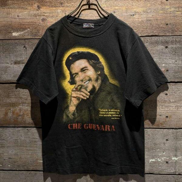 ツラ抜群 90s チェゲバラ 革命家 著名人 グラフィックプリント Tシャツ 黒