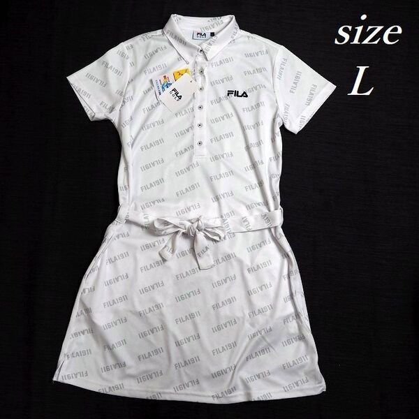 T279 新品 FILA GOLF フィラ ゴルフ タイポグラフィ柄 半袖 ワンピース リボン付き 吸水冷感 保湿冷感 ホワイト L