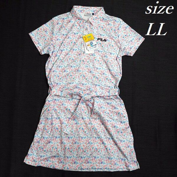 T276 新品 FILA GOLF フィラ ゴルフ 小花柄 半袖 ワンピース リボン付き 吸水冷感 保湿冷感 ホワイト LL