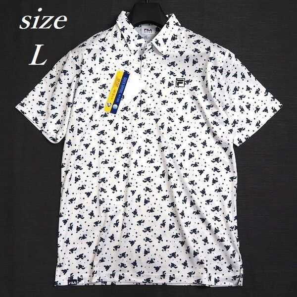 T186 新品 FILA GOLF フィラ ゴルフ 花柄 半袖 ポロシャツ ストレッチ 吸汗速乾 UVカット 総柄 ホワイト L