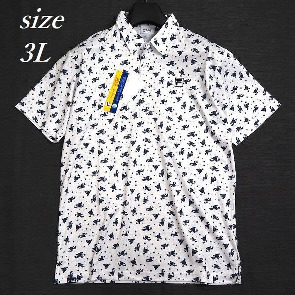 T186 新品 FILA GOLF フィラ ゴルフ 花柄 半袖 ポロシャツ ストレッチ 吸汗速乾 UVカット 総柄 ホワイト 3L