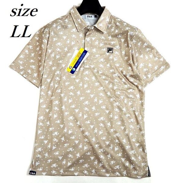 T186 新品 FILA GOLF フィラ ゴルフ 花柄 半袖 ポロシャツ ストレッチ 吸汗速乾 UVカット 総柄 ベージュ LL