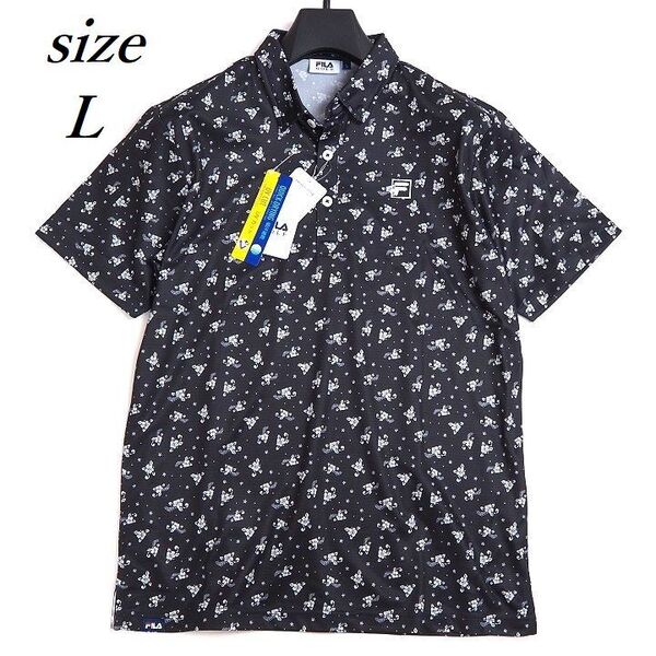 T186 新品 FILA GOLF フィラ ゴルフ 花柄 半袖 ポロシャツ ストレッチ 吸汗速乾 UVカット 総柄 ブラック L