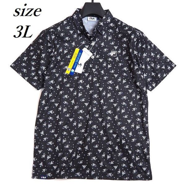 T186 新品 FILA GOLF フィラ ゴルフ 花柄 半袖 ポロシャツ ストレッチ 吸汗速乾 UVカット 総柄 ブラック 3L
