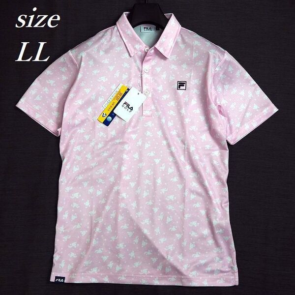 T186 新品 FILA GOLF フィラ ゴルフ 花柄 半袖 ポロシャツ ストレッチ 吸汗速乾 UVカット 総柄 ピンク LL