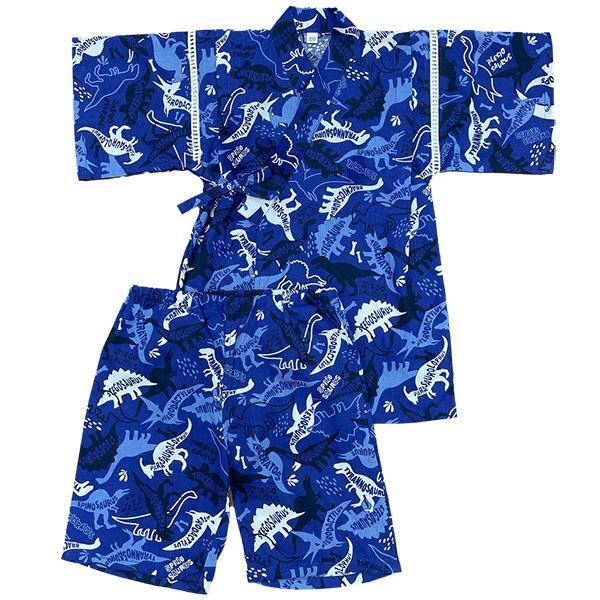 ☆新品未使用☆ キッズ 青 110 甚平 子供用 男の子 じんべい 2点セット 91000 恐竜柄 綿100% 中国製