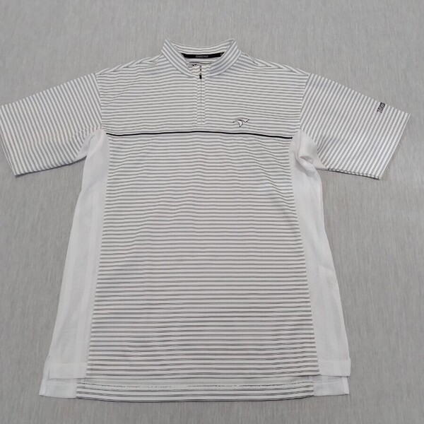 送料込【TOURSTAGE】ツアーステージ 半袖 Tシャツ Mサイズ モックネック ハーフジップ ボーダー 白×黒 日本製 ゴルフウェア GOLF スポーツ