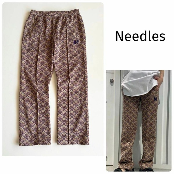 【ニードルス】20SS Track Pant Poly Jacquard L Needles トラックパンツ 総柄 ストレッチ パープル系 ドローコード パンツ 刺繍 ブラウン