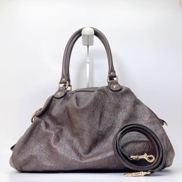 綺麗GUCCI グッチ スーキー 2way トートバッグ オールレザー GGシマ 革 ブラウン