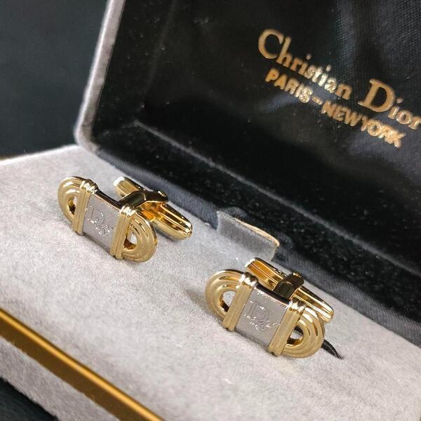 【極美品】Diorディオール カフス ゴールド シルバー Diorロゴ オーバル