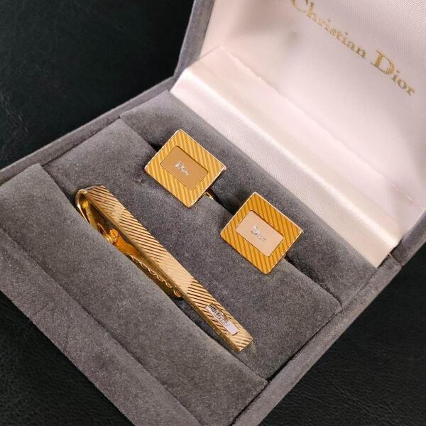 【極美品】Dior ディオール カフス・タイピンセット ゴールド ストライプ