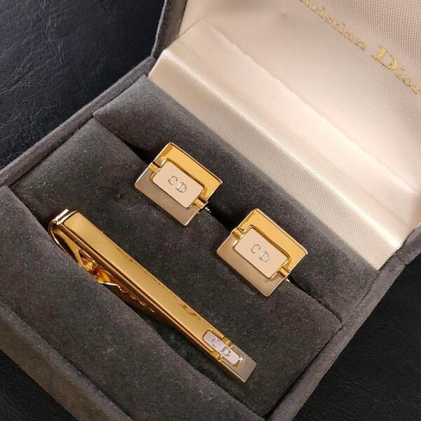 【美品】Dior ディオール カフス・タイピンセット ゴールドCDロゴ スクエア