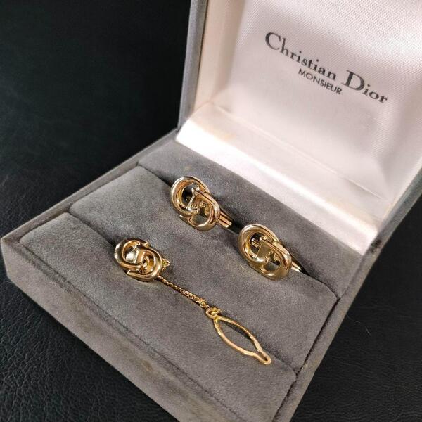【美品】Dior ディオール カフス・タイピンセット ゴールド ロゴ タイタック