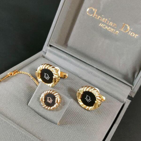 【極美品】Dior ディオール カフス・タイピンセット ブラック ゴールド ロゴ