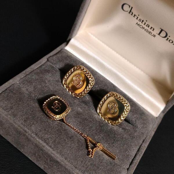 【美品】Dior ディオール カフス・タイピンセット ゴールド スクエアCDロゴ