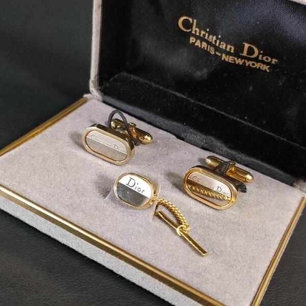 【美品】Diorディオール カフス・タイピンセット ゴールド シルバー 楕円ロゴ