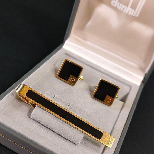 【美品】Dunhill ダンヒル カフス・タイピンセット ブラック ゴールドロゴ