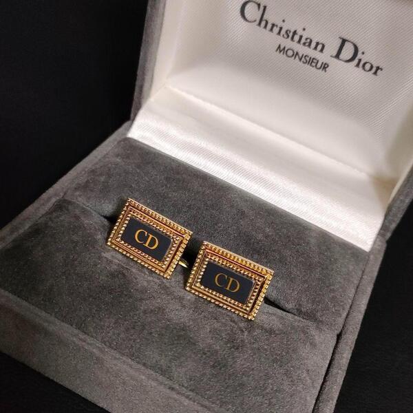 【極美品】Dior ディオール カフス ゴールド ブラック CDロゴ スクエア