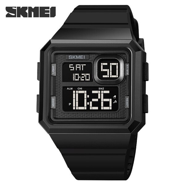 50m防水 デジタル腕時計 ダイバーズ スポーツ ブラック黒 デュアルタイム デカ文字 タイマー ストップウォッチ アラームスクエア角型