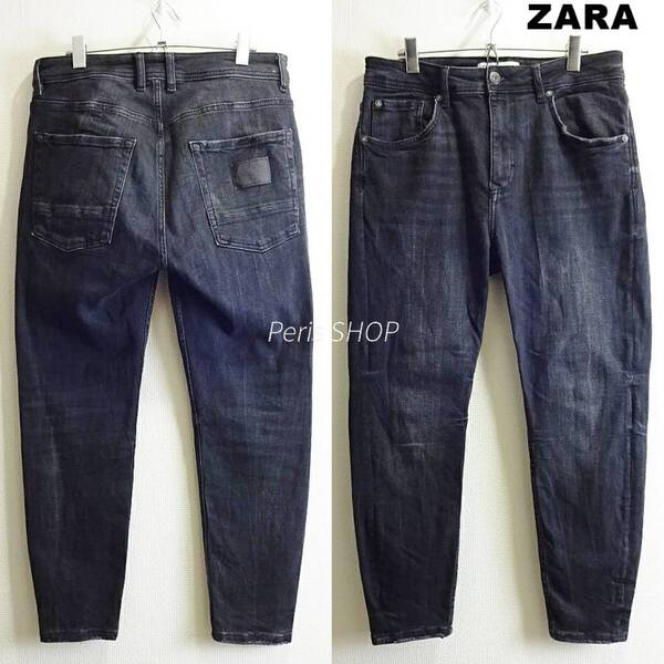 即決★ 送料無★ ZARA MAN ハイライズスキニーテーパードデニム W83cm 強ストレッチ ブラック トルコ製 Sz.32 ザラ I961