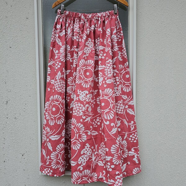 即決 送料込 ハンドメイド USAコットン KAHALA カハラ 花 桃色ピンク お花 ワイドパンツ ガウチョパンツ 股上37㎝ 総ゴム 大きいサイズ LL