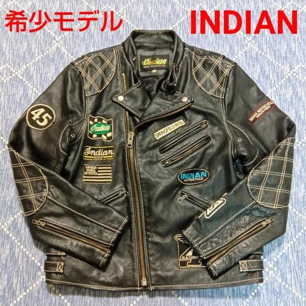 超希少 INDIAN フルデコ ダブルライダース XL 牛革 カウハイド 肉厚 シボ革 レザージャケット 革ジャン ライダースジャケット インディアン