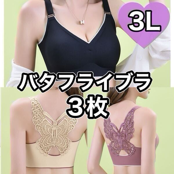 3L 3枚セット ノンワイヤー ブラジャー 蝶 バタフライ ナイトブラ ブラック ピンク ベージュ 黒 肌色 シームレス B90 C90 D90 XXL 2XL