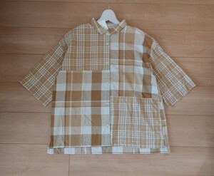 ◆新品◆SELF SERVICE◆セルフサービス◆チェック 柄 切替 ワイド シャツ 襟 衿 ブラウス 綿 コットン 100%◆茶 ブラウン M