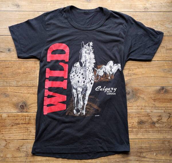 送料無料♪USA古着 アニマルTシャツ M相当 メンズ ブラック 黒 シングルステッチ丸胴 Calgary CANADA カルガリー カナダ 馬 80s90s vintage