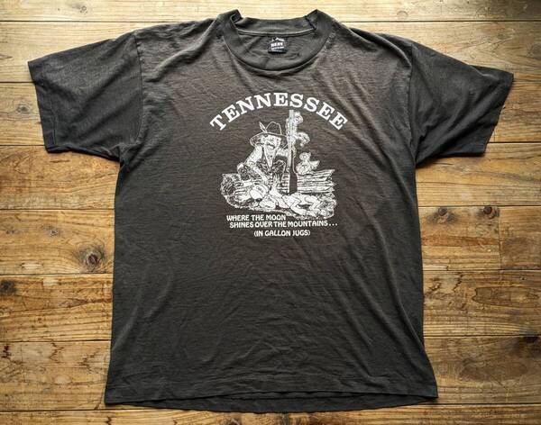送料無料♪90s USA製FRUIT OF THE LOOM BEST 黒タグTシャツ size L 炭黒ブラック フェード シングルステッチ丸胴 TENNESSEE アメリカ製古着
