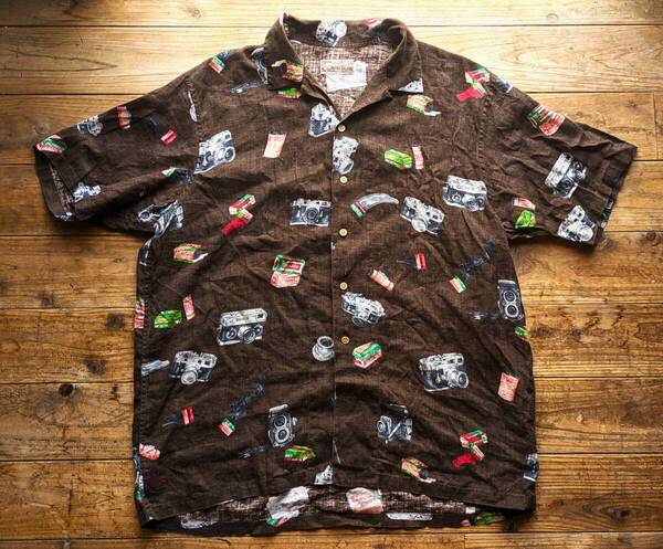 送料無料♪PAPAS ISLAND パパス リネン開襟シャツ アロハシャツ size L 日本製 カメラ柄 100% 麻 美品 オープンカラーボックス 旧VAN JAC