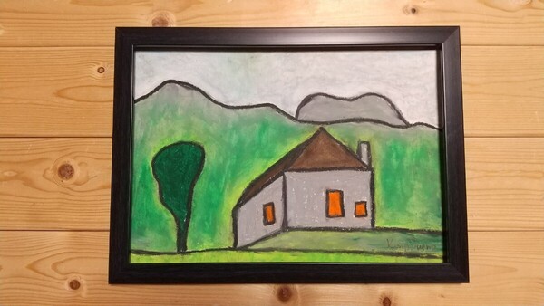 【中世フランス民家】手描き 肉筆 クレヨン画 風景画 絵画 A4サイズ 801,Crayon painting, oil pastel painting, original art