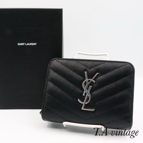 SAINT LAURENT 美品 サンローラン パリ Vステッチ コンパクト 財布 ブラック